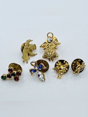 Vintage Gold Tone Angel Cherub Rhinestone Cross Lapel Pins Lot